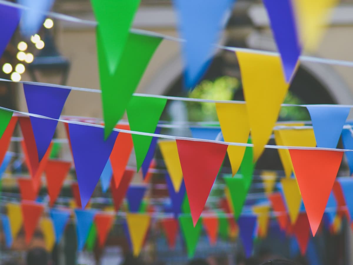 Colorful pennant banners strung overhead